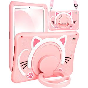 for iPad 9th/8th/7th Generation Case 10.2 Inch Cute Girls Kawaii Cover Girly 3D Cat Cartoon Women with Rotating Handle Stand & Strap Soft Silicone Funda for Apple iPad Cases 9th/8th/7th Gen