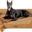 XXL Dog Bed - Giant Orthopedic, Cooling Gel Memory Foam, Waterproof with Removable Cover, 53" Sofa Bed, Dutch Velvet with Bone Toy, Brown