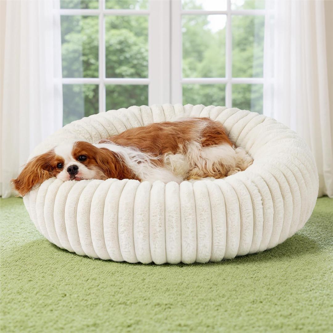 Bedsure ComfyFleece Donut Medium Dog Bed - Washable Faux Fur with Corduroy Fleece & Anti Slip Bottom, Round Pet Bed with Removable Cover, Cream, 30x30x8 inches