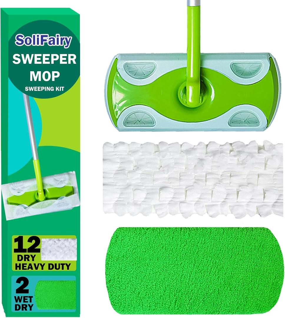 Sweeper Mop, Dry & Wet 2-in-1 Floor Mopping and Sweeping Kit, Includes 51" Sweeper Handle, 12 Heavy Duty Dry Cloths, 2 Reusable Wet & Dry Pads for Swiffer Sweeper, Dust Mop