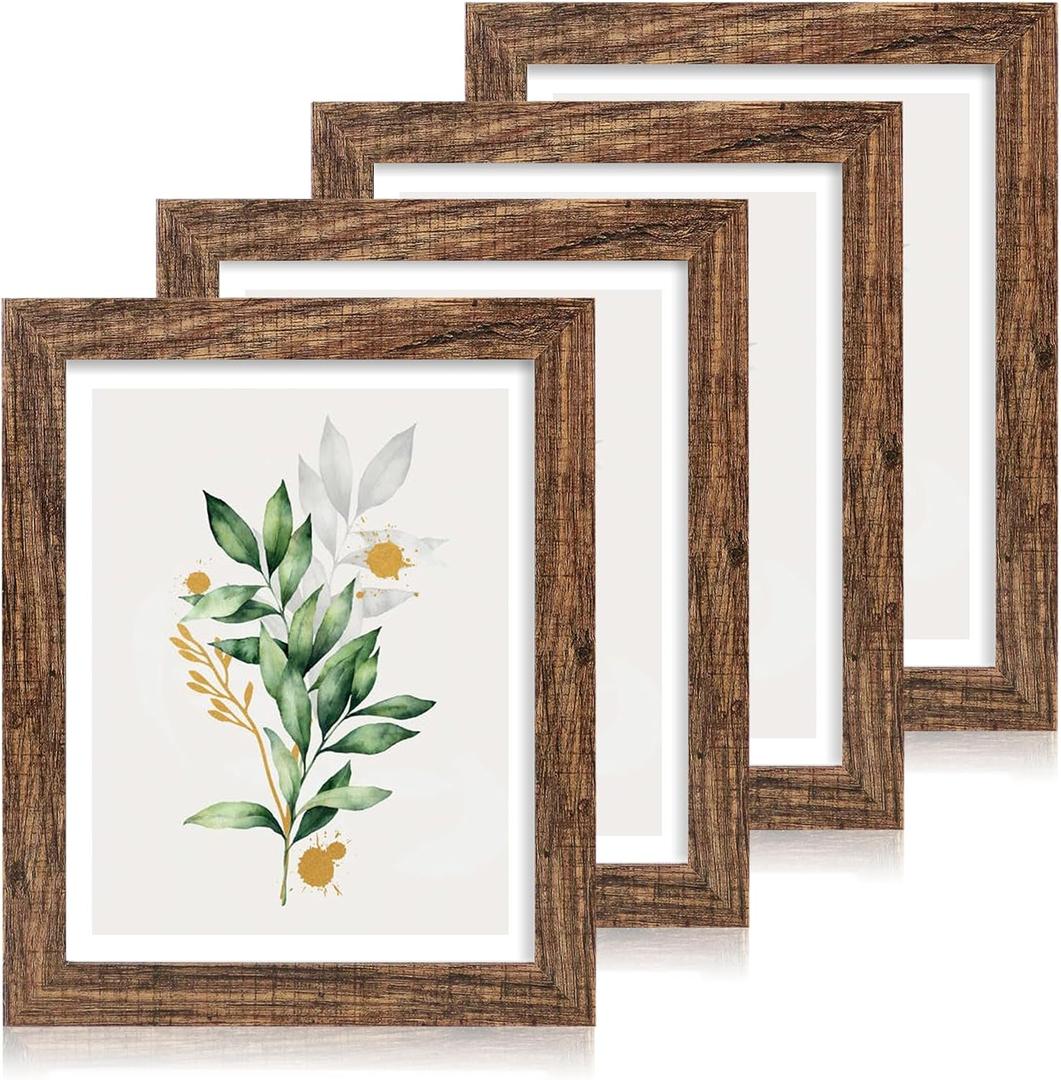 Hongkee 11x14 Picture Frame Set of 4, Made of Glass and Rustic Brown Wooden Frame, Display 8x10 Pictures with Mat or 11 x 14 Posters without Mat for Wall Mounting, Gallery Photo Frames