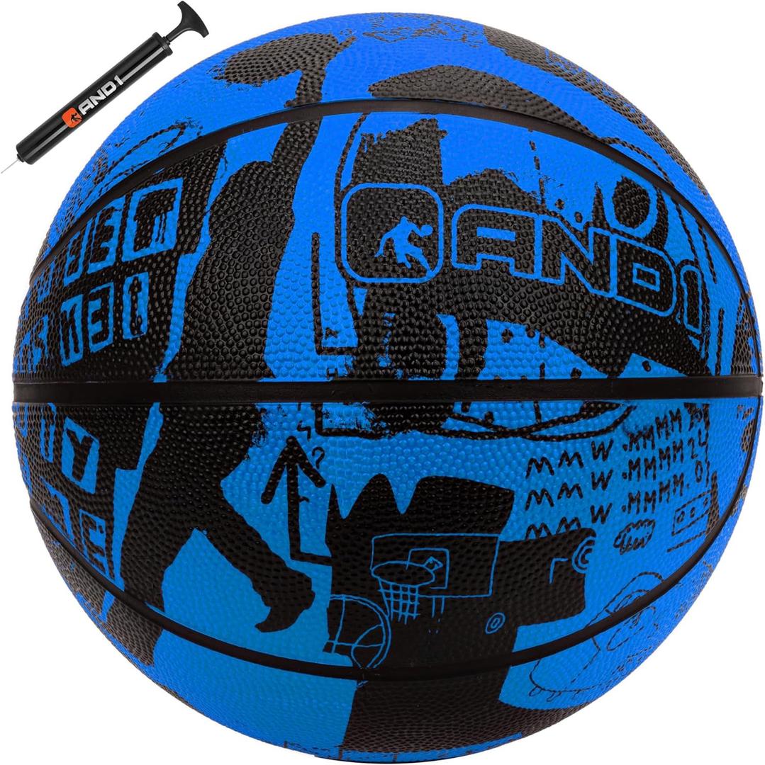 AND1 Street Art 27.5 Basketball : Youth Sized Rubber Streetball for Indoor and Outdoor Use, Deep Channel Construction and Durability, Ideal for Boys and Girls Ages 9-11, Includes 10 Pump (Blue)
