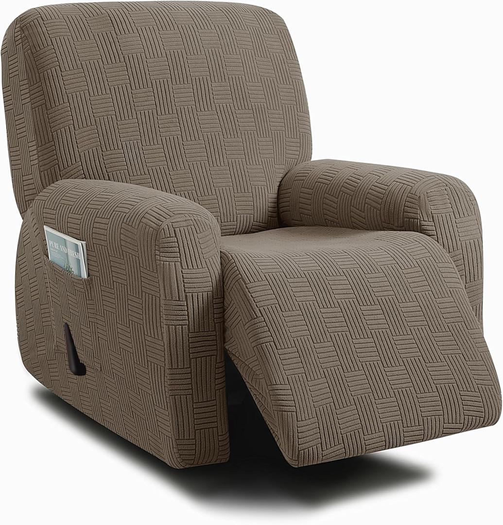 ULTICOR 4-Piece, 1 Seat Recliner Cover, Jacquared Stretch Reclining Chair Covers for 1 Cushion Reclining Sofa, Single Seat Recliner Couch Cover, Soft, Machine Washable (Style 4) (Taupe)