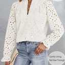 ZESICA Women's Casual Blouse Tops Puff Long Sleeve Button V Neck Hollow Out Eyelet Lace Embroidered Shirt Dressy (White, M)