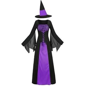 GRAJTCIN Wicked Witch Costume for Women Gothic Sorceress Halloween Party Cosplay Dress with Hat (L, Black Purple)