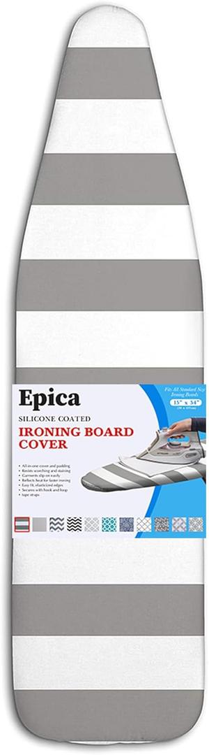 Epica Ironing Board Cover and Pad - Standard Size 15x54 Padded Ironing Board Covers, Heat Reflective Coating, Thick Pads, Scorch & Stain Resistant Iron Board Cover with Padding Grey & White Stripe Epica Ironing Board Cover and Pad - Standard Size 15x54 Padded Ironing Board Covers, Heat Reflective Coating, Thick Pads, Scorch & Stain Resistant Iron Board Cover with Padding Grey & White Stripe