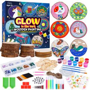Minetom Kids Wooden Painting Kit-Glow in The Dark26 pcs Wood Slice Craft Activities Kits-Arts & Crafts Gifts for Boys Girls Ages 5-12,Creative Art Toys for 5, 6, 7, 8, 9, 10, 11 & 12 Year Old Kids