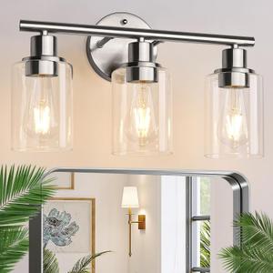 Zarbitta 3-Light Bathroom Light Fixtures, Brushed Nickel Vanity Light, Farmhouse Wall Lights with Clear Glass Shade, Bathroom Wall Lamp for Mirror Kitchen Bedroom Hallway Living Room Hallway Cabinet