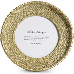 Cuspin Round Picture Frame 4x4 Vintage Gold Frames, Rattan Textured Hand-Crafted Photo Frame with Glass Front, Antique Picture Frame for Tabletop Display & Wall Display, Retro Design Home Decor