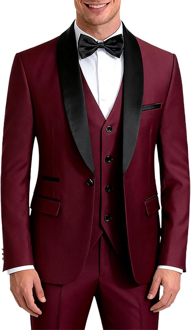 UNINUKOO Mens 3 Piece Suit Slim Fit Dress Tux Suits for Men Solid Color Wedding Classic Tuxedo Set, US Size XL, Wine Red
