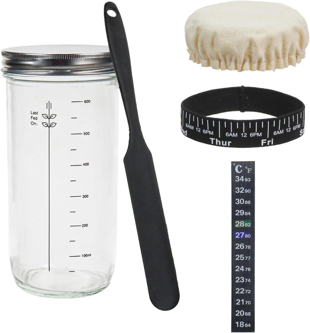 Sourdough Starter Kit with 600ml Glass Jar, Temperature Strip, Feeding Timer Band, Stirring Spoon, Cotton Cover Reusable Sourdough Bread Home Baking Supplies, Pack of 2 