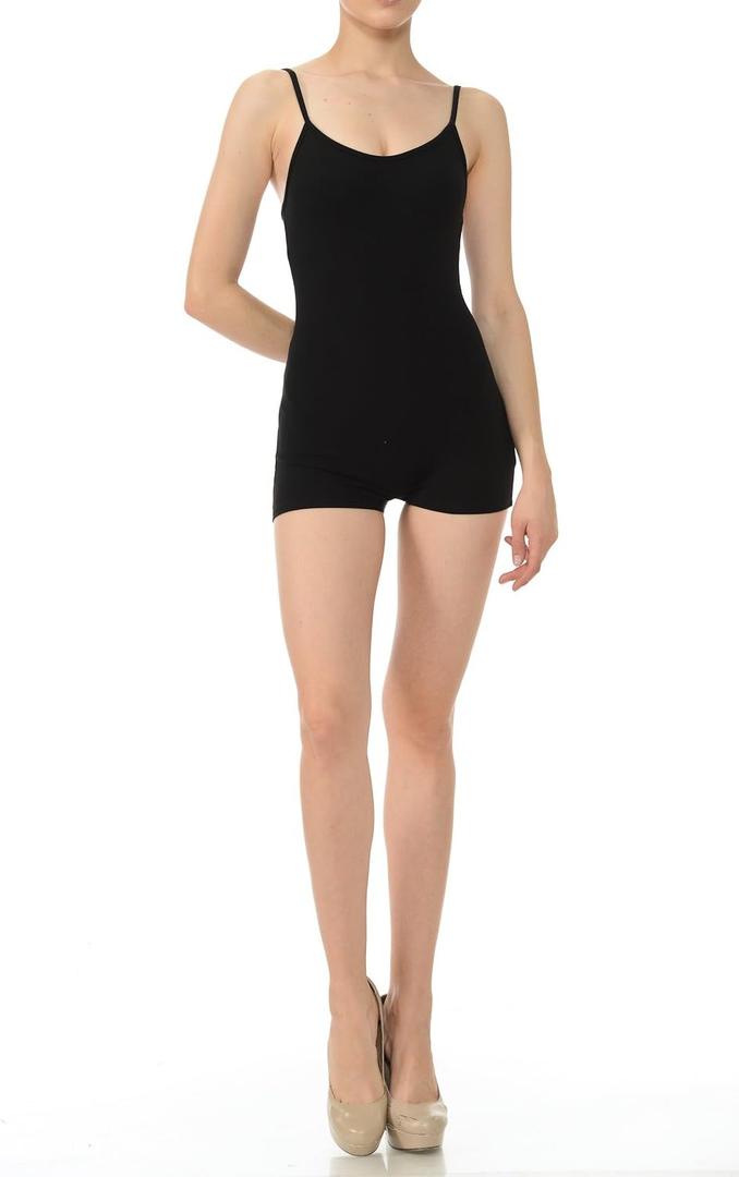 7Wins JJJ Women Catsuit Cotton Tank Spaghetti Strapped Short Yoga Bodysuit Jumpsuit (Small, Black)