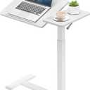 Height Adjustable Tilt Overbed Bedside Table with Hidden Wheels, Pneumatic Rolling Laptop Standing Desk, Portable Hospital Over Bed Sofa Chair Side Tables, White