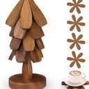 Wooden Christmas Tree Coaster Trivets Wood Trivets Set for Hot Dishes Set of 4 Christmas Tree Shape Foldable Wooden Coaster and 1 Stand Natural Trivet for Cups Plates Bowls Pots(Black Walnut Color)