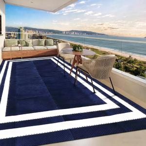 9'x 12' Outdoor Rug,Waterproof Reversible Patio Rugs,9x12 ft Plastic Straw Outdoor Carpet Foldable Plastic Camping Mat for Outside RV, Patio,Picnic,Camper,Balcony,Porch(Navy Blue &White)