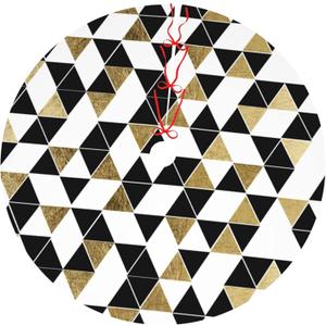 48" Christmas Tree Skirt, Modern Black White and Faux Gold Triangles Pattern Large Xmas Tree Mat for Holiday Party Ornament Rustic Farmhouse Decorations
