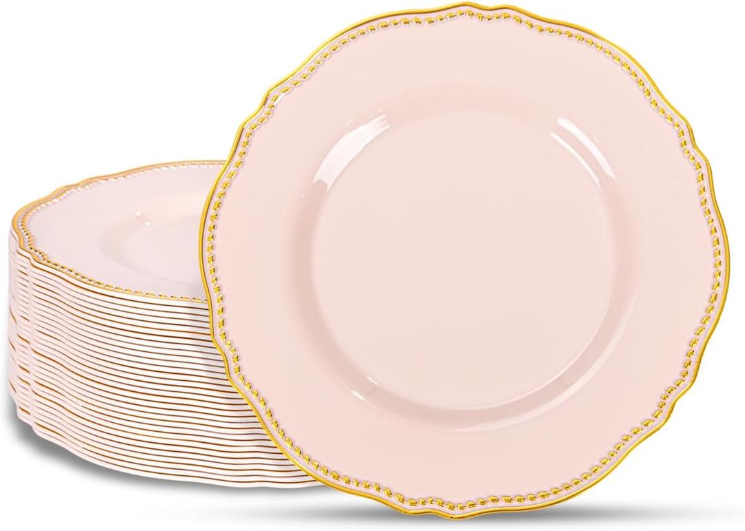Hioasis 60pcs Pink Plastic Plates - Pink and Gold Disposable Plates, 7.5 inch Plastic Dessert Plates, Perfect for Easter & Wedding & Party & Holiday & Mother's Day (7.5inch)