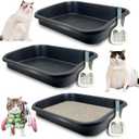 BNOSDM 3 Pcs Large Cat Litter Box, Low Entry Senior Litter Box Open Top Pet Litter Tray with Scoops for Older Cats or Disabled Senior Cats, 23x16.5x4.3 Inches (Black)