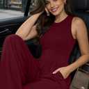 XXTAXN Women's Casual Sleeveless Round Neck Corset Waist Wide Leg Jumpsuit with Pockets - Comfy One-Piece Long Pants Winered (L)