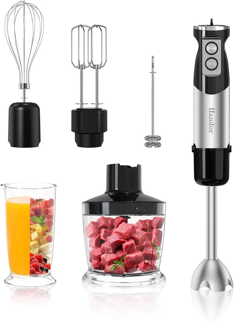 1000W 6-in-1 Immersion Blender Handheld, 12 Speed Hand Blender with 600ml Mixing Beaker, 500ml Chopper, 304 Stainless Steel Blades, Whisk, Milk Frother For Soup, Smoothie, Sauce, Pureel