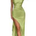 Memoriesea Women's Sexy One Shoulder Satin High Split Cocktail Wedding Party Maxi Dress Tender Green S
