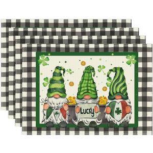 XCHI Plaid Gnomes Shamrocks Clovers Golds St. Patrick's Day Placemats Set of 4 Table Mats for Party Home Kitchen Dining Table Decorations 12x18 Inch