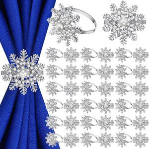 Patelai 6 Pieces Snowflake Napkin Rings Christmas Silver Pearl Xmas Napkin Ring Holder Buckle Set Metal Alloy Flower Buckle for Christmas Wedding Thanksgiving Dinner