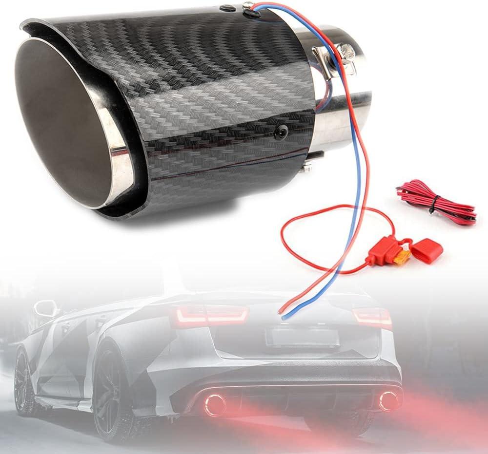 2.25 Inch LED Exhaust Tip Tailpipe Tip 60mm Straight Carbon Fiber Style Bolt Clamp On for Cars HTRACING (Red Light)