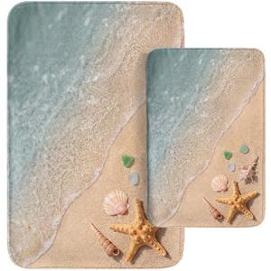 Britimes Beach Starfish Sea Shell Ocean Bathroom Rug Mat Set of 2, Washable Cover Floor Rug Carpets Floor Bath Mat Bathroom Decorations 16x24 and 20x32 Inches