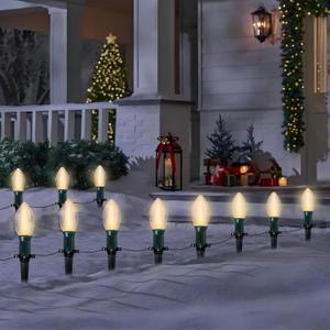 38Ft C9 Led Christmas Pathway Lights Outdoor, 25 C9 LED Warm White Bulbs String Lights Waterproof with Stakes, Connectable Christmas Walkway Lights for Outdoor Yard Lawn Sidewalk Driveway Decor