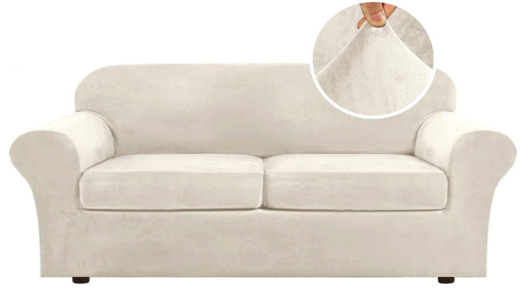 H.VERSAILTEX Real Velvet Plush 3 Piece Stretch Sofa Covers Couch Covers for 2 Cushion Couch Sofa Slipcovers Width Up to 90 Inch Feature Thick Soft Stay in Place (Large Sofa, Ivory)