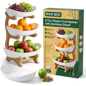 3 Tier large fruit bowl for Kitchen Countertop, Plastic Fruit Holder Rack with Bamboo Wood Stand,Tiered Fruit Stand, Fruit Basket for Kitchen Counter|Snack Organizer, Fruit Storage bowls