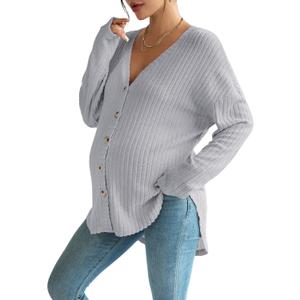 COZYEASE Women's Maternity Button Down Shirt Casual Cardigan Fall Sweaters | Long Sleeve, Ribbed Knit, V Neck, Regular Fit, Drop Shoulder, Fall, Maternity Business Casual (L)