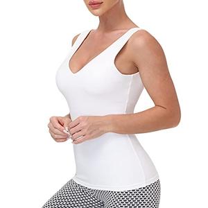 Workout Tops for Women Yoga Tank Tops with Built in Bra Wirefree Padded Yoga Bras Gym Running Athletic Shirt V-Neck Camisole White L