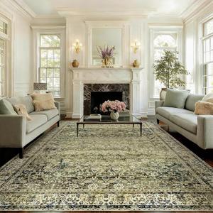 Olive and Tan Area Rugs Washable Rug for Living Room Bedroom Boho Farmhouse Floral Vintage Soft No Slip Extra Large Carpet for Dining Room 9x12