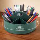 360° Rotating Leather Desk Storage Organizer with 6 Slots and Handle Extra-large Pen Holder Spinning Pencil Storage Lazy Susan Organizer Office Desk Supplies Marker, Art Supply(Green)