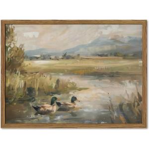 Framed Vintage Mallard Duck Wall Art Countryside Wildlife Pond Nature Canvas Prints Rustic Landscape Pictures Wall Decor for Living Room Bedroom Dining Room Offices 16x24 inch