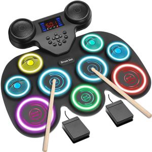 Electric Drum Set with 7-Color Dynamic LED Lights, 9-Pad Electronic Drum Set with Dual Speakers, Bluetooth MIDI, Portable Practice Drum Pad for Kids & Adult Beginners, Christmas Birthday Gift