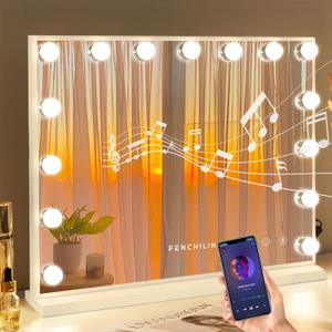FENCHILIN Vanity Mirror with Lights and Bluetooth Speaker 22.8"x 18.1" Makeup Mirror Lighted Hollywood Mirror with 15 Dimmable LED Bulbs USB Charge Port, 3 Color Lighting Modes Tabletop