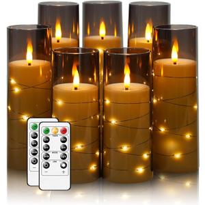 Flameless Candles,with Embedded Star String, Battery Operated Candles Flickering LED Pillar Candles with Remote Control and Timer, Home Decoration Add a Warm and Romantic AtmosphereSet of 7 (Grey)