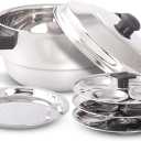 KSJONE Stainless Steel 5 pcs Multi Kadai (Induction Friendly) Idli Cooker with Stainless Steel lid, 3 idli Plates (12 Idlis), 1 patra Plate, Silver