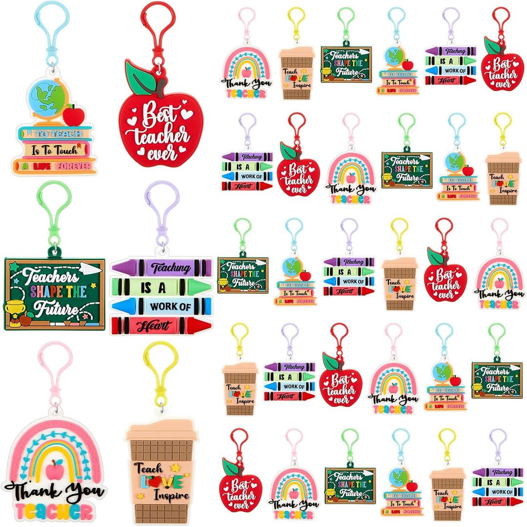 Henoyso 36 Pcs Teacher Keychains Bulk Teachers Appreciation Gifts in Bulk For Women Men Thank You Keyring Gifts (Apple,Silicone)