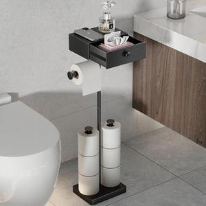 VOLDRA Toilet Paper Holder Stand with Shelf, Free Standing Black Toilet Paper Roll Holder with Wipes Storage Drawer Heavy Duty Floor Bathroom Tissue Holder Freestanding No Drill Tp Holder for 7 Rolls