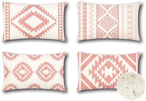 OTOSTAR Outdoor Waterproof Throw Pillow Covers 16x24 Inch Set of 4 Boho Farmhouse Outdoor Cushion Covers for Patio Funiture Garden（Geometry80-Pink）Pack of 2