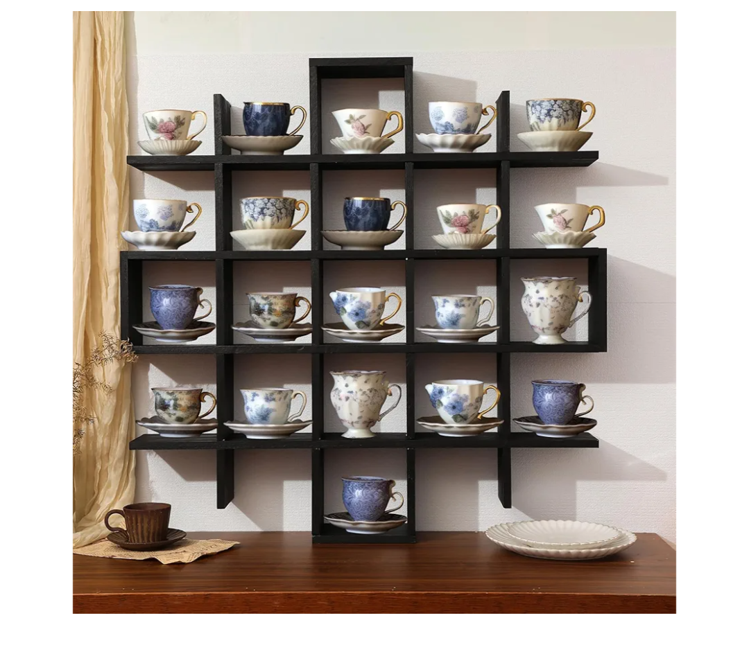 Suzile Oversize Tea Shelf Rustic Wooden Coffee Display Shelves Wooden Floating Curio Shelf Mounted Tea and Saucer Rack Holder for Kitchen Station Bar Accessories(Black)