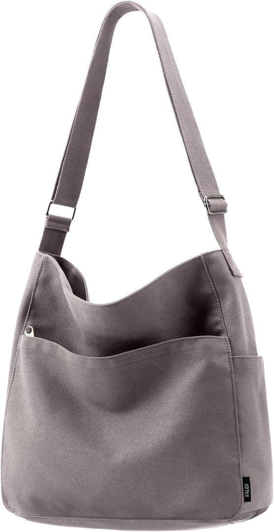 KALIDI Canvas Tote Bag Large Hobo Crossbody Shoulder Handbag Zipper Messenger Bag for Women or Men Casual College Work (Grey)