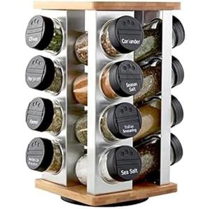 Kamenstein 16 Jar Warner Revolving Countertop Spice Rack Organizer with Lift & Pour Caps and Spices Included, FREE Spice Refills for 5 years, Stainless Steel & Bamboo with Black Caps