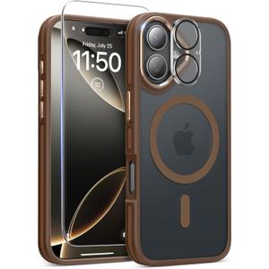 Magnetic 3 in 1 for iPhone 17 Case, [Omni-Directional Protection] with 1x Screen Protector + 1x Camera Cover, [Seamless Work with Magsafe] Translucent Protective Silm Phone Case for iPhone 17 Brown