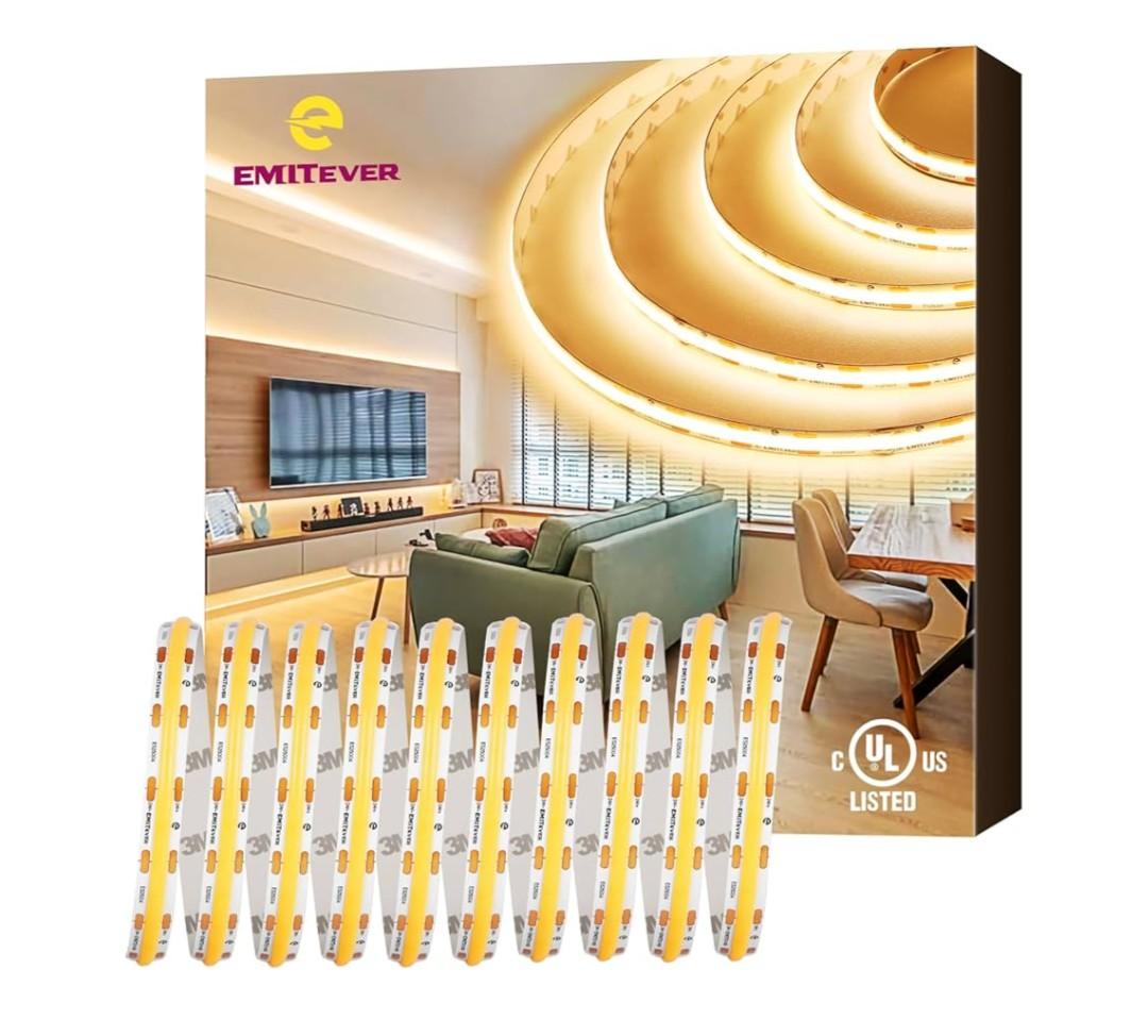 EMITEVER COB LED Strip Lights Warm White, 3000K Tape Light 16.4FT Premium High Density, DC 24V, 300+Lumens/ft,2400LEDs/Spool, Ra 90+, 3W/ft