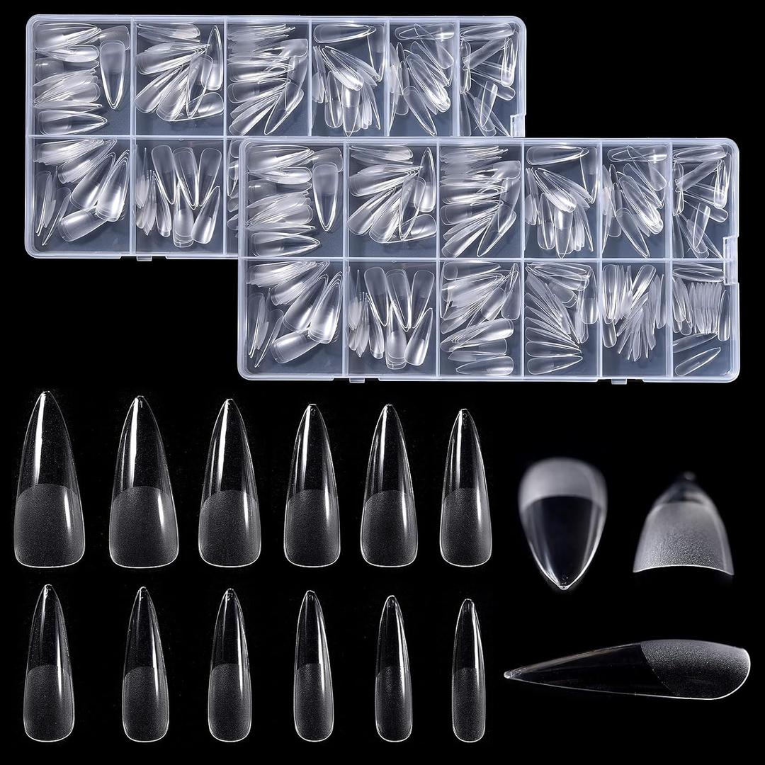 480Pcs Long Stiletto Nail Tips 12 Sizes Press on Nail Almond False Nails with Half Matte Fake Tips for Gel Polish & Dip Powder Manicure DIY Extension Salon Use